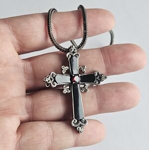 Vintage Gothic Revival Sterling Garnet Onyx Marcasite Cross Pendant Necklace
